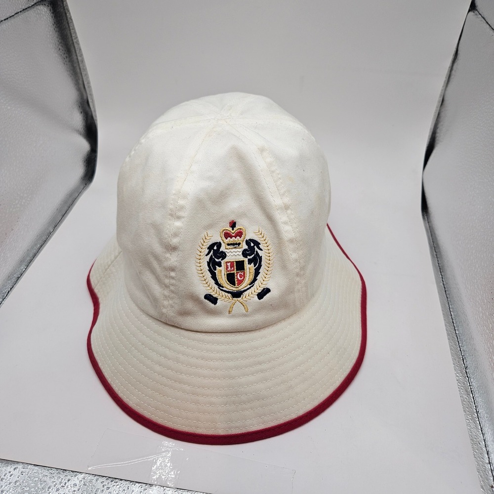 Vintage 1991 Liz Claiborne White Bucket Hat Red Trim Embroidered Crest Logo - Picture 3 of 8